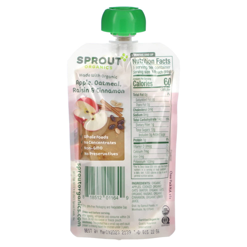 Sprout Organics, Детское питание, от 6 месяцев, яблочно-овсяный изюм с корицей, 99 г (3,5 унции)