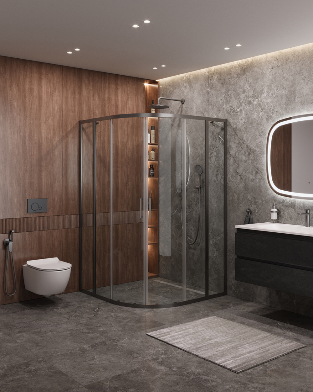 Душевой уголок Cezares MOLVENO-R-22-100+30-C-GM-IV, 130х130х195, профиль оружейная сталь, прозрачное стекло