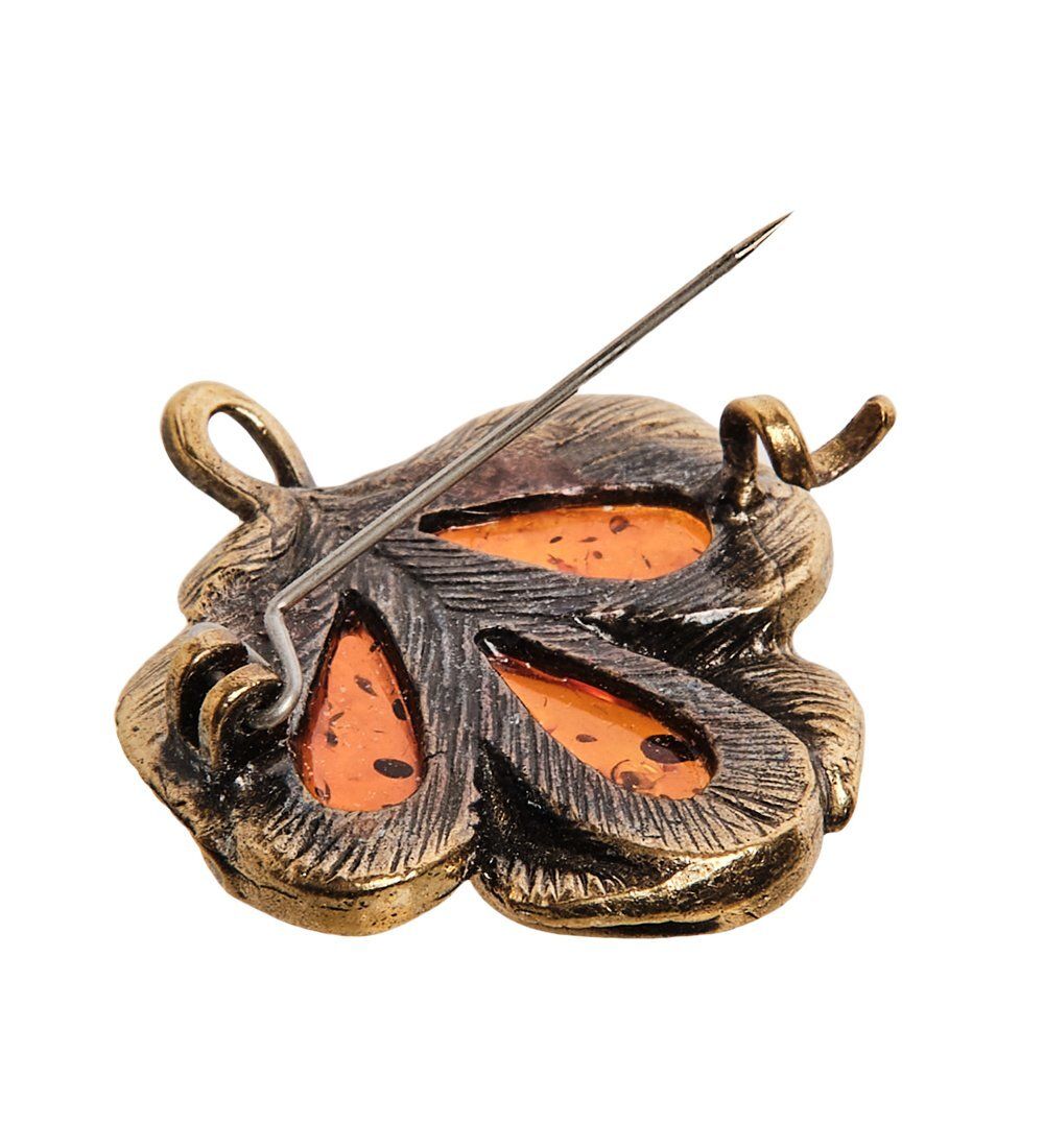 AM-2571 Брошь «Винтажный листик» (латунь, янтарь)