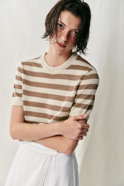 ZARA ТРИКОТАЖНЫЙ ТОП С КОРОТКИМИ РУКАВАМИ, ЭКРЮ/КОРИЧНЕВЫЙ