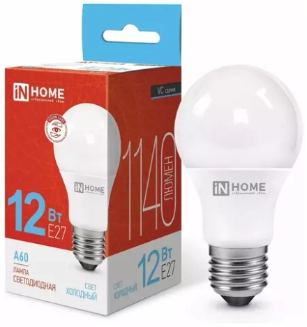 Лампа светодиодная IN HOME LED-A60-VC 12Вт E27 6500К 1140Лм