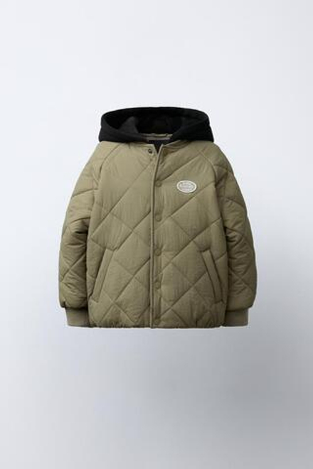 ZARA СТЕГАНАЯ КУРТКА С КОМБИНИРОВАННЫМ КАПЮШОНОМ, ХАКИ