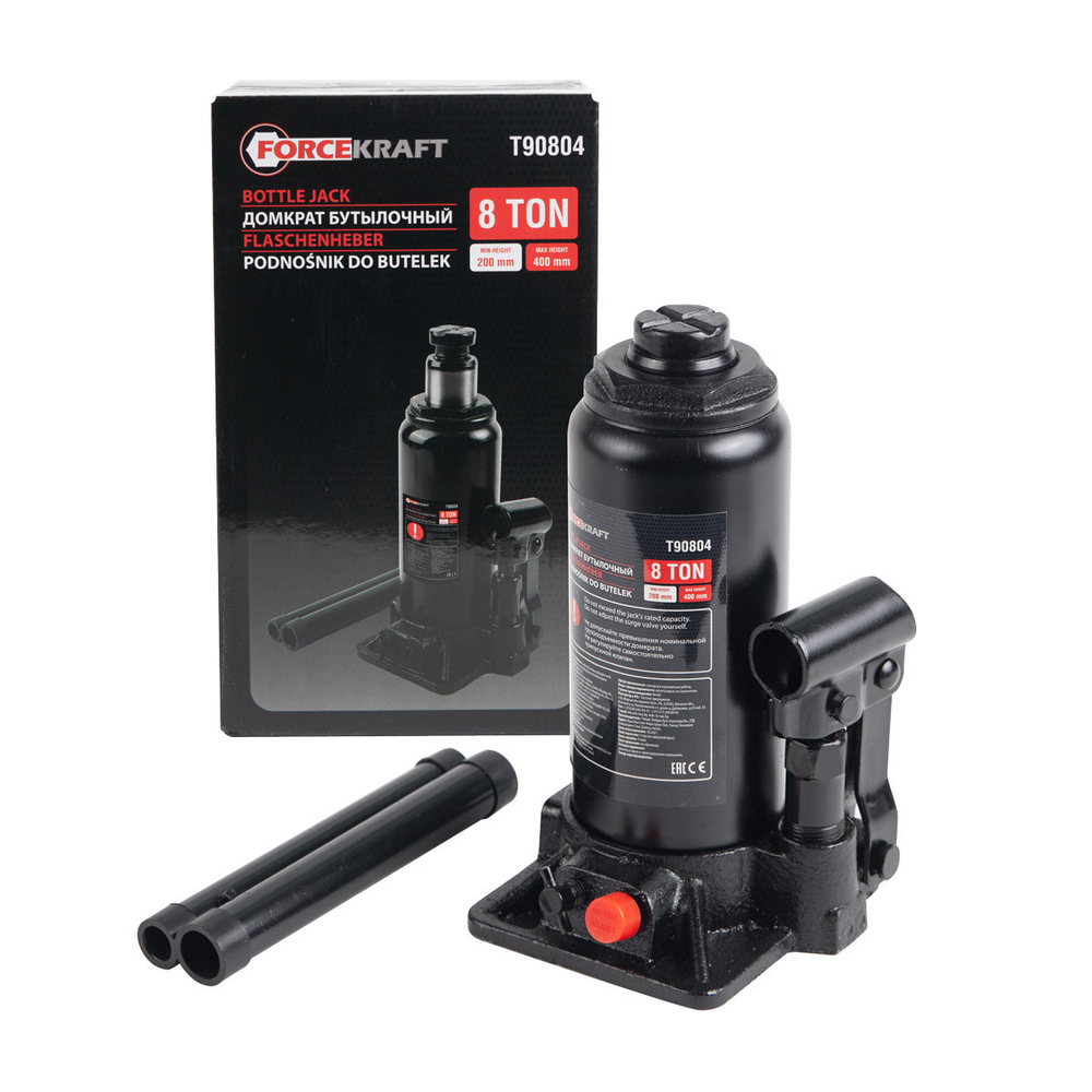 Домкрат бутылочный 8т с клапаном(h min 200мм,h max 400мм) FORCEKRAFT FK-T90804