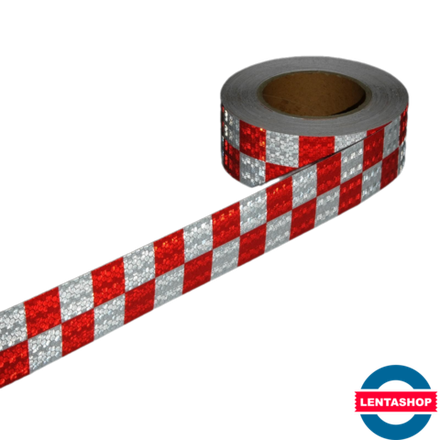 Красно-белая светоотражающая лента шашки 50 мм х 25 метров