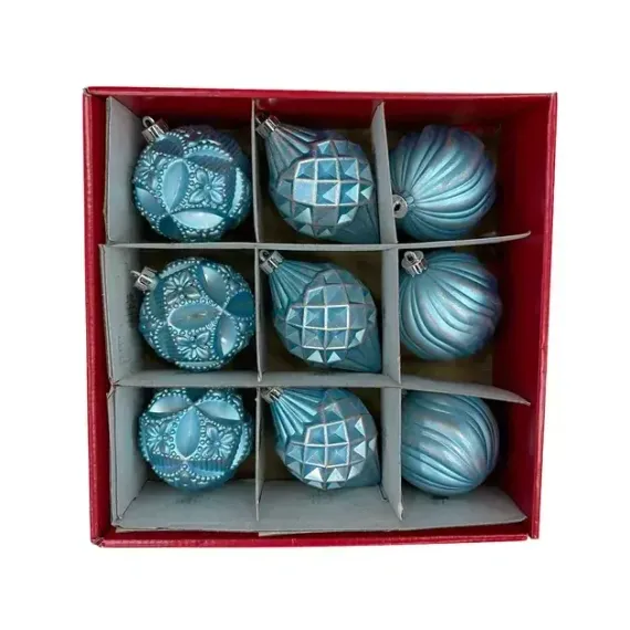 Набор пластиковых шаров Рандеву 80 мм., 9 шт., голубой с серебром , Christmas DeLuxe (87803)