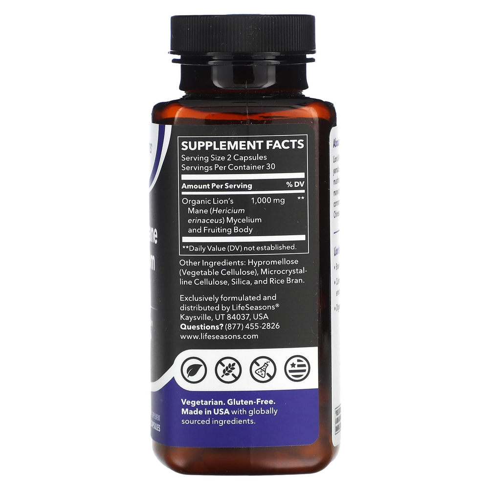 LifeSeasons, Гриб львиная грива, 60 растительных капсул (500 мг на капсулу)