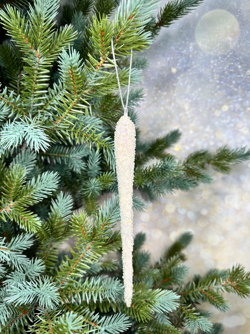 Елочная игрушка Сосулька перламутровая 22см ChristmasDeLuxe с глиттером и стеклярусом
