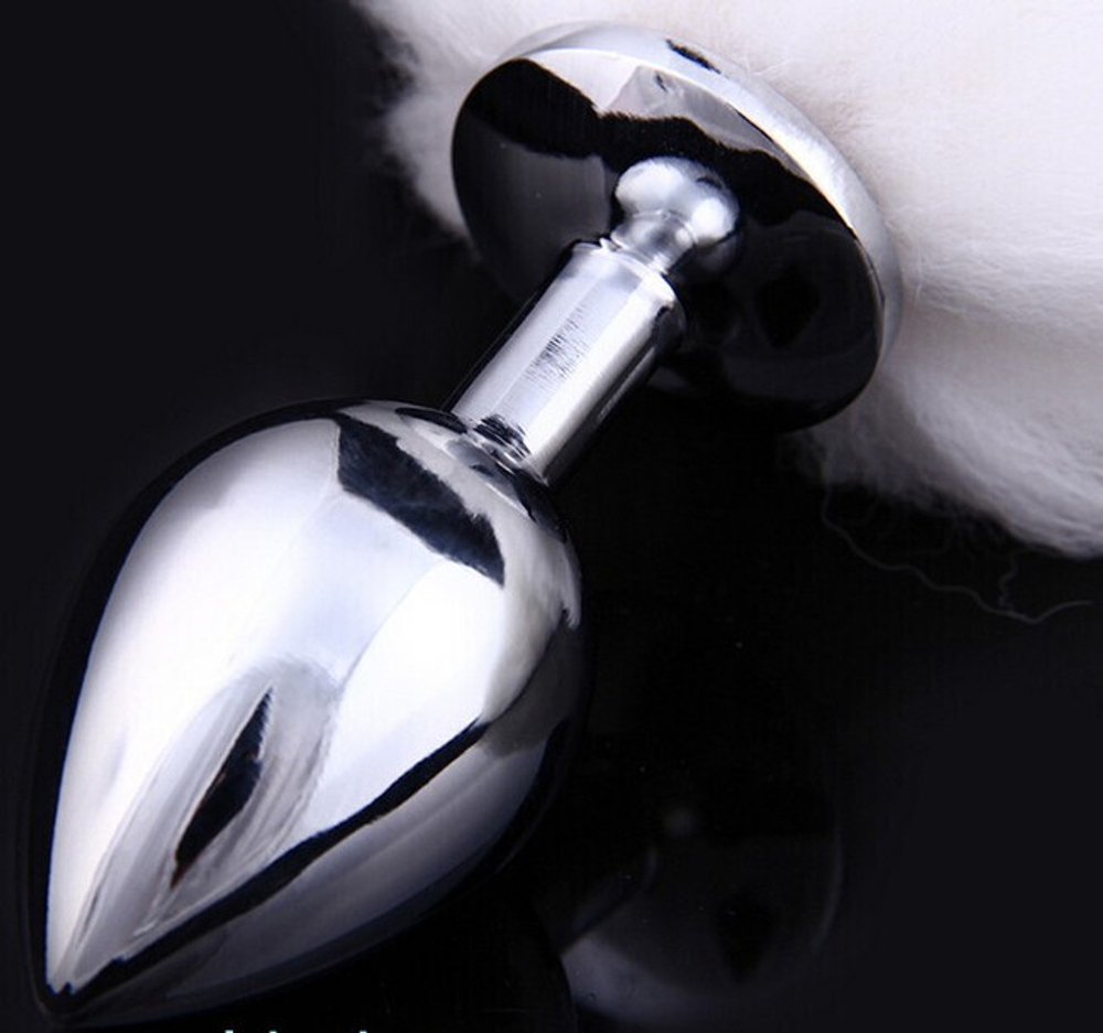 Металлическая анальная пробочка с хвостом снежный барс (Цвет: серебряный с белым)