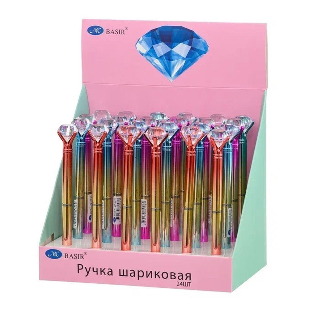 Ручка шариковая, автоматическая, Basir, синие чернила, серия "Кристалл", разноцветный корпус, 24 шт