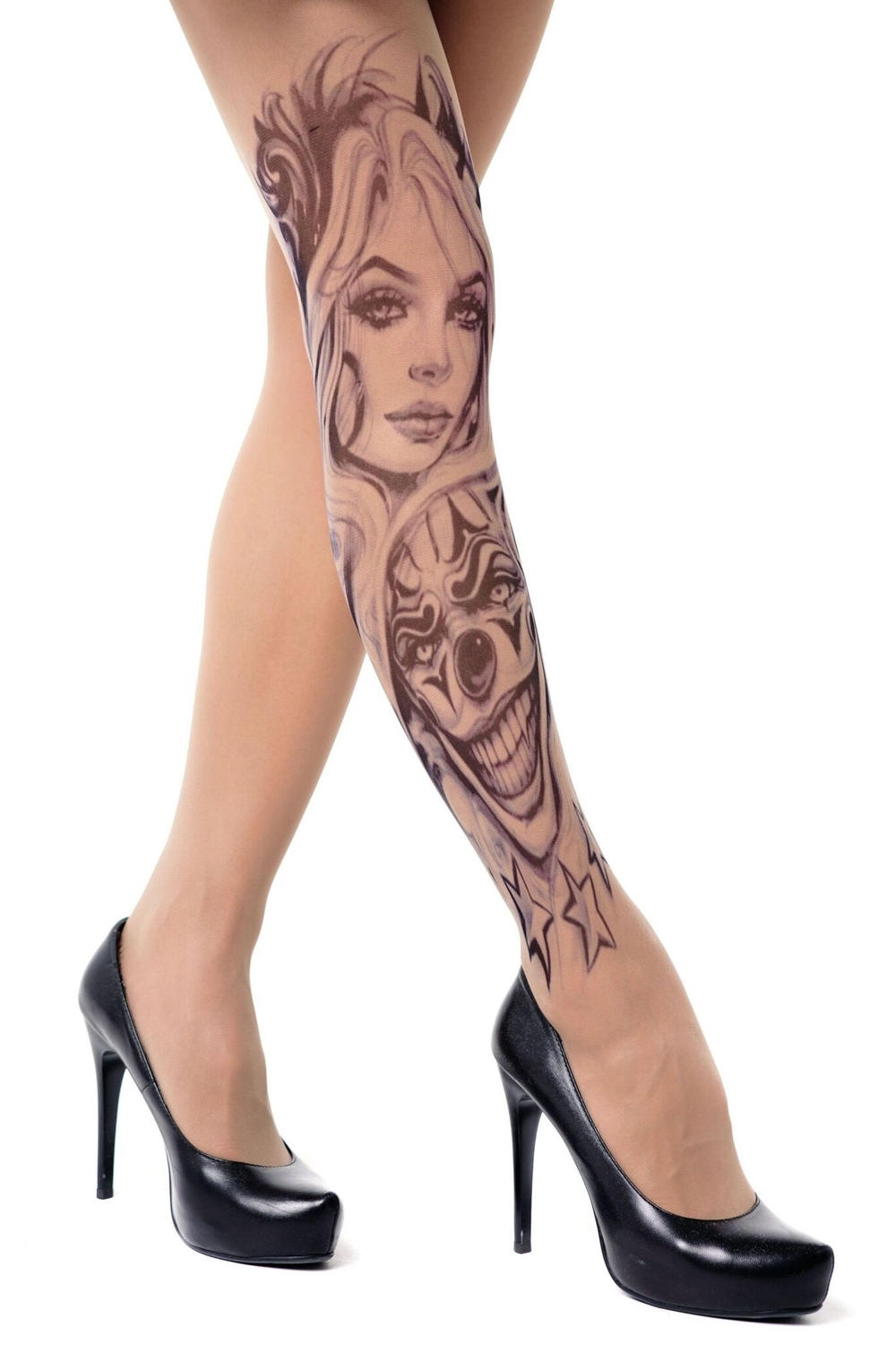 Колготки +size с принтом в виде девушки и злого клоуна (Размер: XL-XXL-XXXL) (Цвет: бежевый)