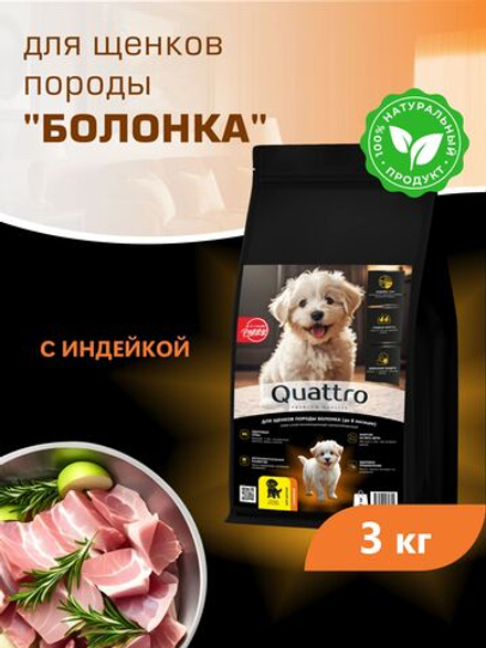Корм сухой для щенков породы Болонка, с индейкой, 3 кг, QUATTRO