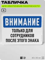 Табличка для обеспечения безопасности "Внимание, только для сотрудников после этого знака", для офиса, по охране труда для предприятия, организаций, 40х30 см, Silver Plane x Айдентика Технолоджи