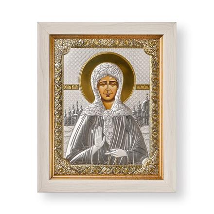 Матрона, икона прямоугольная в рамке под стеклом, белое дерево 170х210