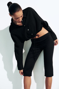 ZARA УКОРОЧЕННАЯ РУБАШКА ИЗ ШИФОНА С РЕГУЛИРУЕМЫМ ШНУРКОМ, ЧЕРНЫЙ