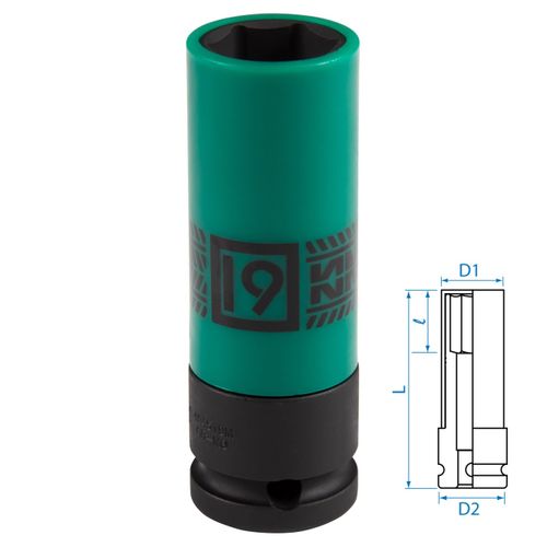 KING TONY (494519M) Головка торцевая ударная глубокая 1/2", 19 мм, тонкостенная, пластиковая защита