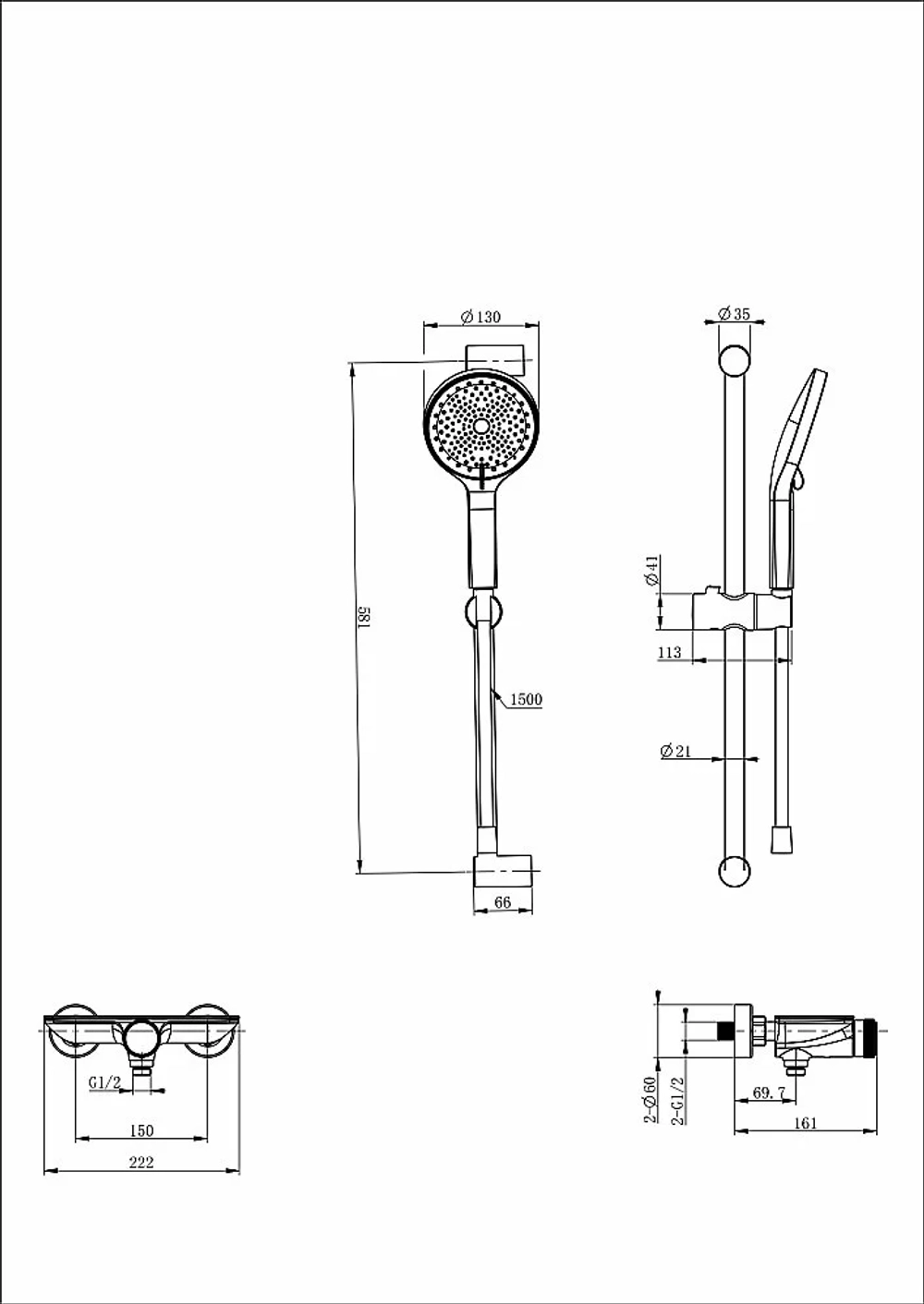 Смеситель для душа с гарнитуром WONZON & WOGHAND ClickPlate WW-B2052-A-MB черный матовый