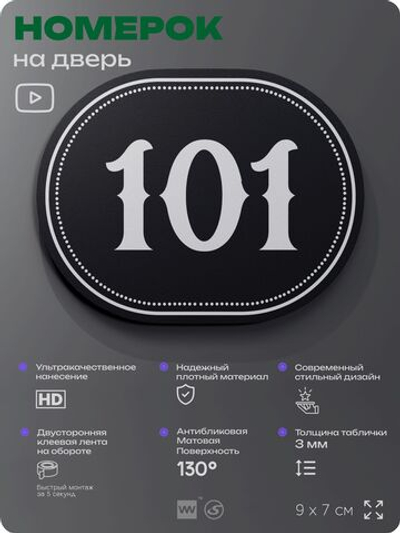 Номерок на дверь квартиры 101, для кабинета, офиса, шильдик 9 х 7 см, черный, Айдентика Технолоджи