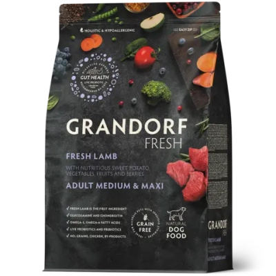 Grandorf Fresh, Fresh Lamb, Adult Medium & Maxi для собак средних и крупных пород (Свежее мясо ягненка с бататом)