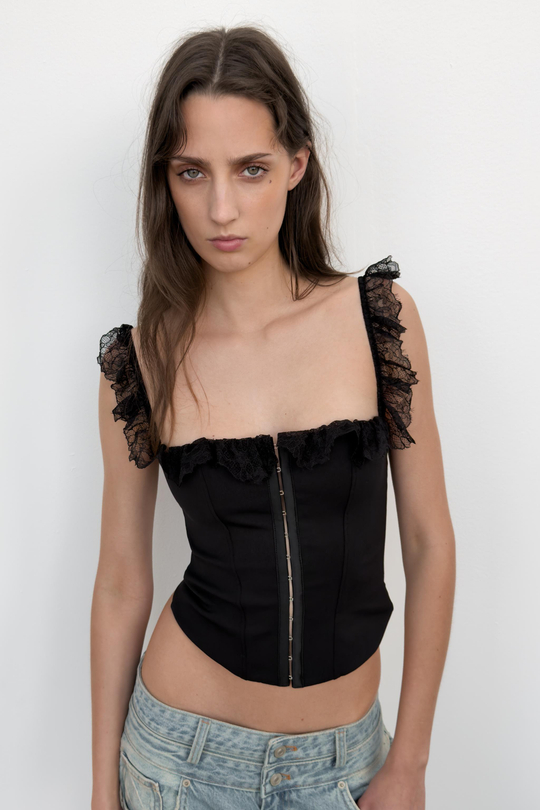 ZARA КРУЖЕВНОЙ ТОП В БЕЛЬЕВОМ СТИЛЕ, ЧЕРНЫЙ