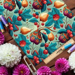 Ткань атлас  груши в русском стиле