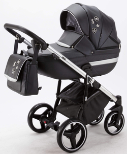 Детская коляска Adamex Cortina Deluxe 3 в 1 CT334 (ЧЕРН.КОЖА+СЕРЕБ.ОТДЕЛКА+ ХРОМ РАМА)