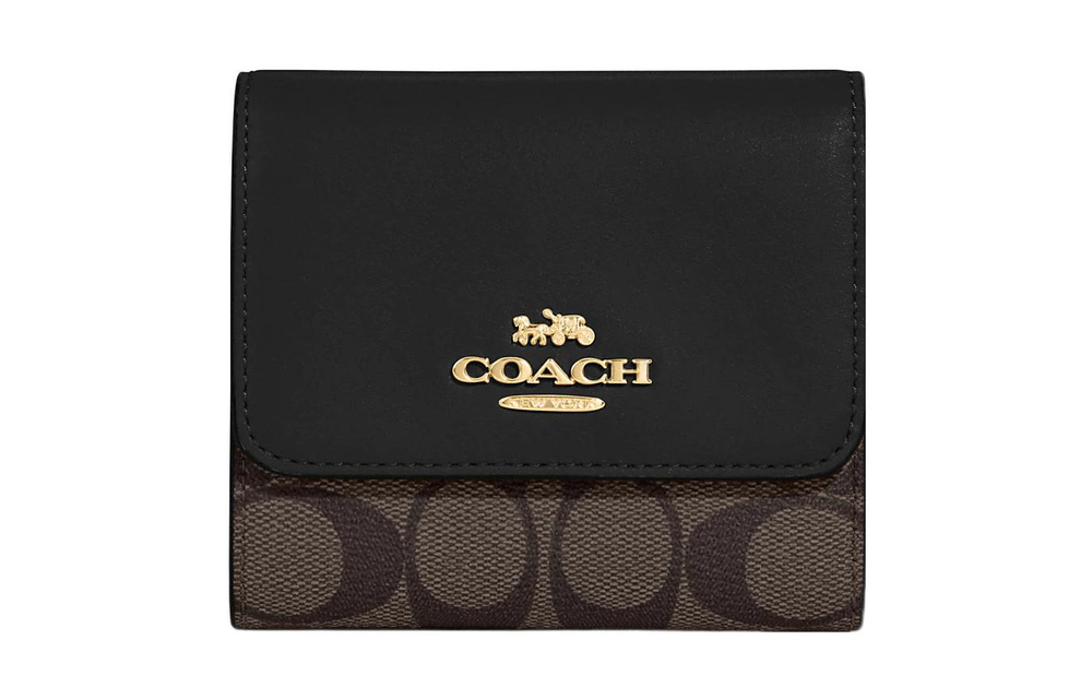 COACH Trifold Wallet Canvas With Leather Card Holder, Wallet Small Women"s Brown & Black