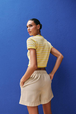 ZARA ШОРТЫ ИЗ 100% ХЛОПКА С ЭЛАСТИЧНЫМ ПОЯСОМ, ПЕСОЧНЫЙ