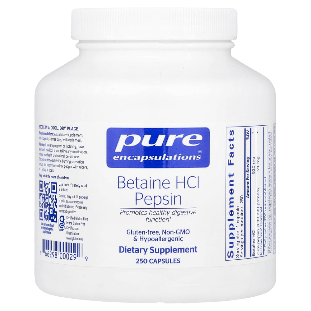 Pure Encapsulations, Бетаин гидрохлорид, пепсин, 250 капсул