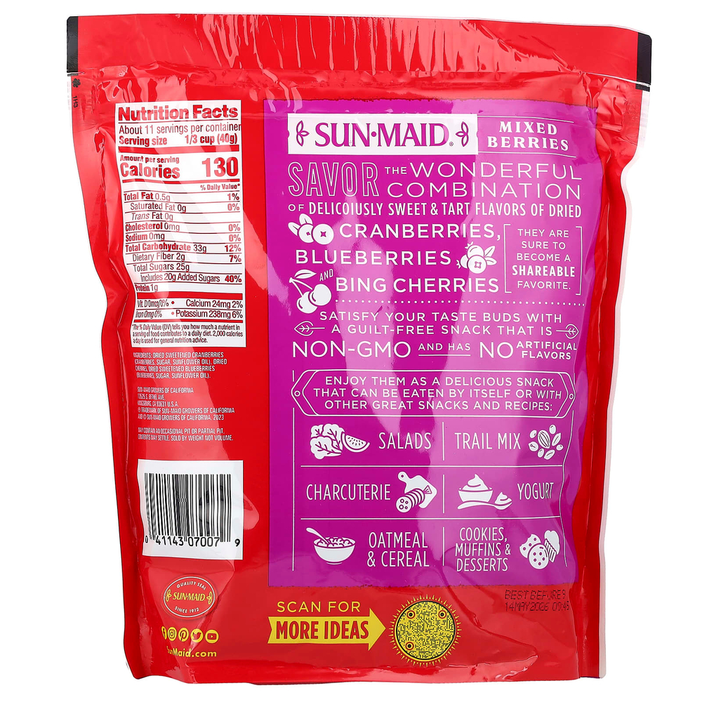Sun-Maid, смесь сушеных ягод, клюква, вишня и голубика, 425 г (15 унций)