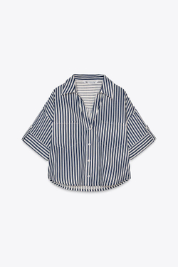 ZARA УКОРОЧЕННАЯ РУБАШКА ИЗ СМЕСОВОГО ЛЬНА, СИНИЙ/БЕЛЫЙ