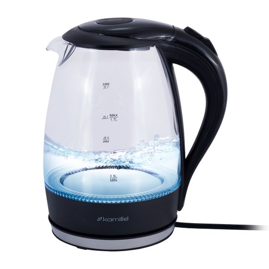 Чайник электрический 1,5 л. стеклянный Kamille KM-1700B (черный) с синей LED подсветкой