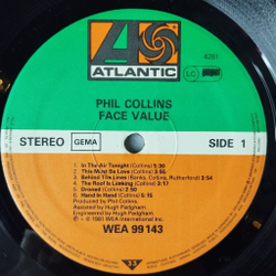 Винтажная виниловая пластинка LP Phil Collins Face Value (Germany 1981) The Roof Is Leaking