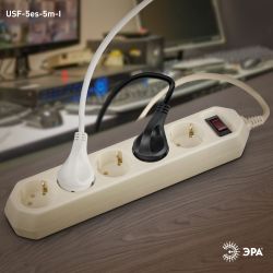 Сетевой фильтр ЭРА USF-5es-5m-I с базовой защитой с заземлением с выключателем 5 розеток 5м 10А слоновая кость | Сетевые фильтры