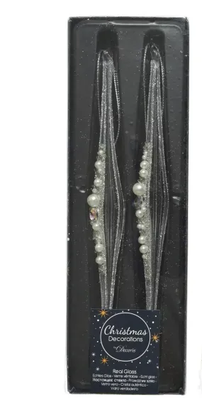 Украшение Сосулька в жемчуге серебро 20 см., 2 шт., стекло, Kaemingk (120243/1)