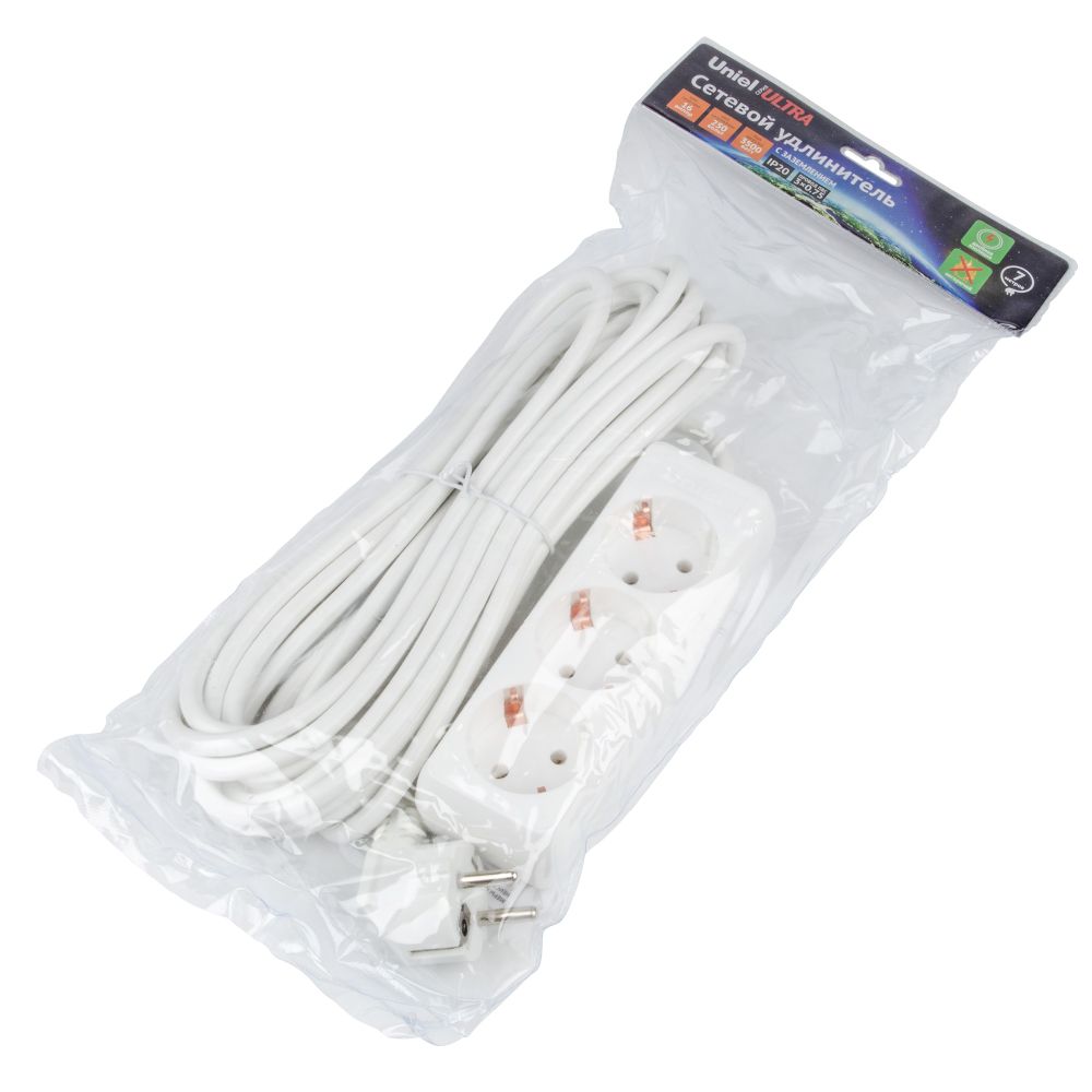 S-GCU3-7 WHITE Удлинитель серии Ultra. шнур 7м.. 3 гнезда. 16A. с-з. Белый. TM Uniel