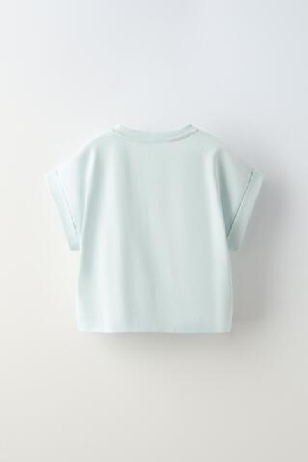 ZARA ФУТБОЛКА С ОТВОРОТАМИ НА РУКАВАХ, ЗЕЛЕНОВАТО-СИНИЙ
