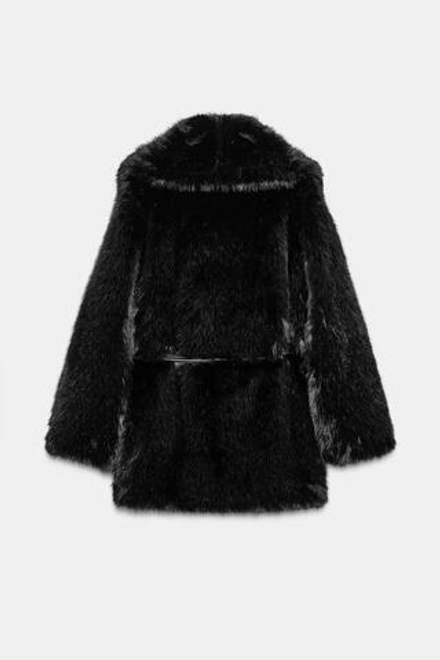 ZARA ШУБА ИЗ ИСКУССТВЕННОГО МЕХА С ПОЯСОМ, ЧЕРНЫЙ