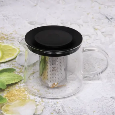 Чайник заварочный стеклянный 600мл «Хай-Тек» с металлическим ситом и пластиковой крышкой Селфи