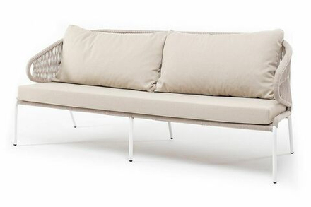 "Милан" диван 3-местный плетеный из роупа, каркас алюминий белый муар, роуп бежевый круглый, ткань бежевая 035