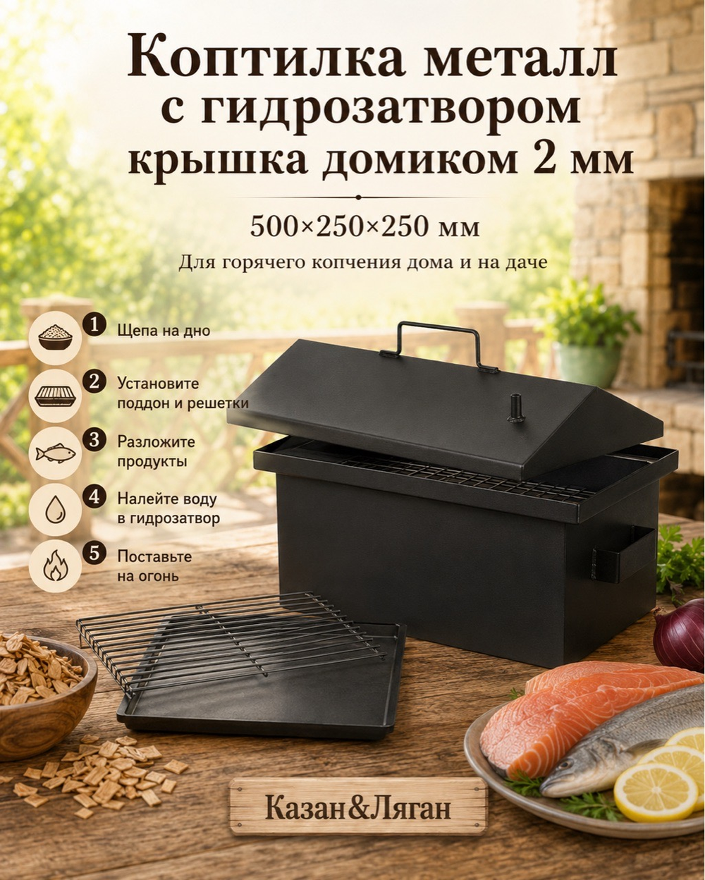 Коптильня металл с г-з кр.домиком 500х250х250х2 мм