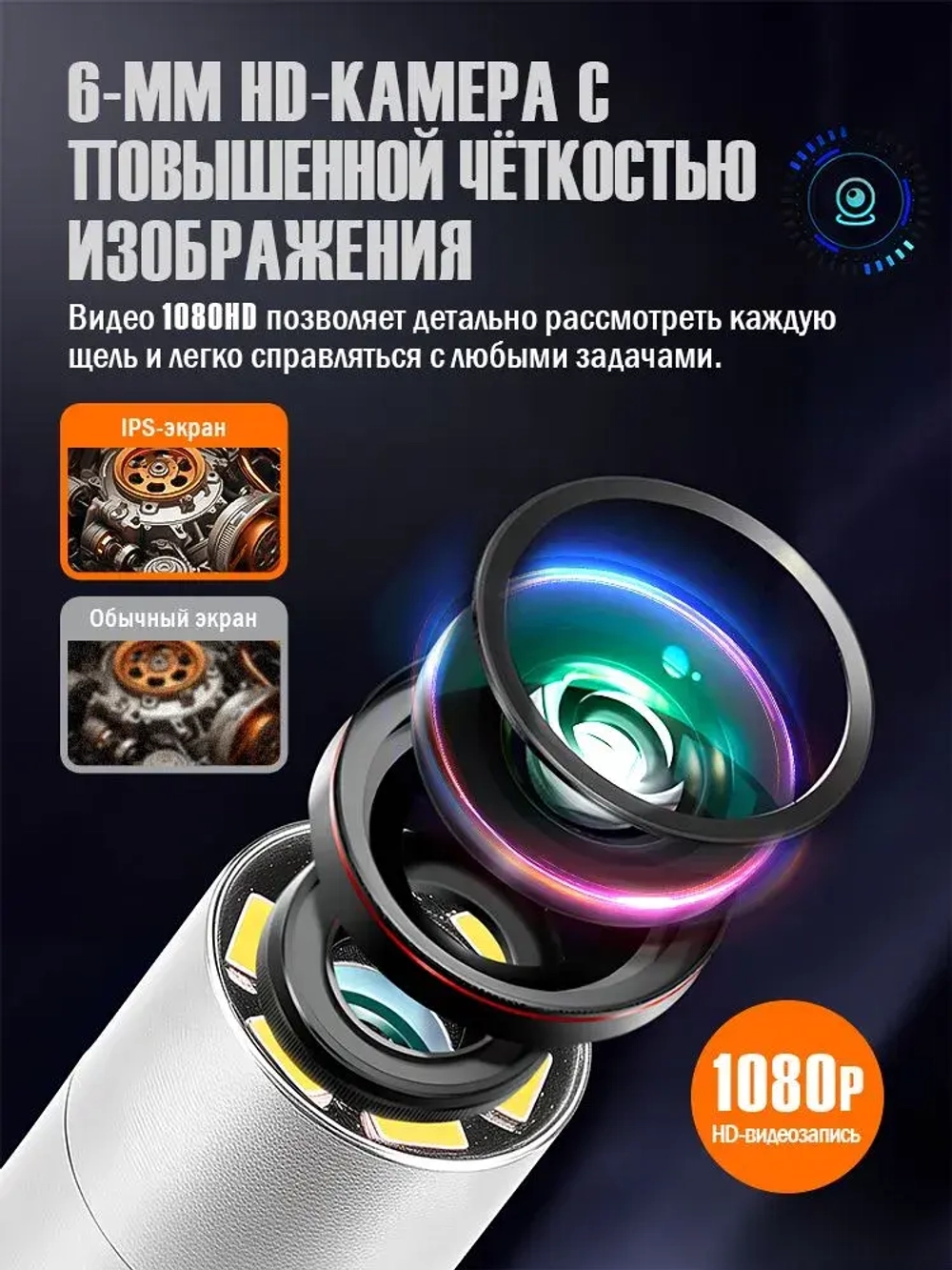 Промышленный эндоскоп с 360 вращающейся видеокамерой, 6 мм, 2 МП HD, водонепроницаемость IP67, совместим с iOS и Android.