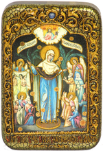 Икона Божией Матери "Всех скорбящих Радость" с грошиками 15х10см на натуральном дереве в подарочной коробке