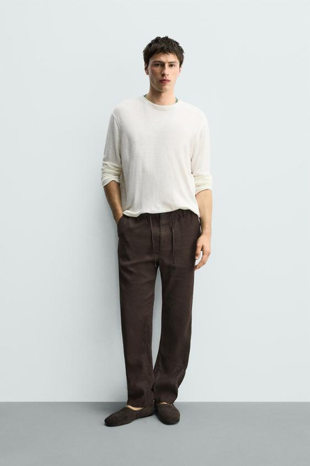 ZARA БРЮКИ RELAXED FIT ИЗ ХЛОПКА И ЛЬНА, КОРИЧНЕВЫЙ