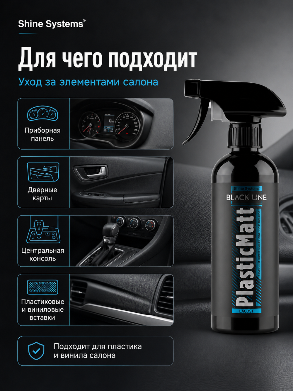 Shine Systems Black Line PlasticMatt Lacost - матовый полироль для пластика и винила салона, 400 мл