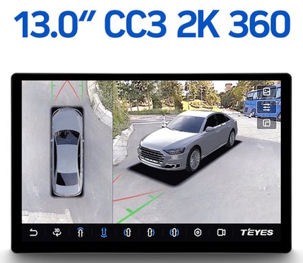 Магнитола для Renault Logan 2, Sandero 2 2014+ (рамка 9) - Teyes CC3-2K-360 монитор 13" 2K QLED на Android 10, 6Гб+128Гб, CarPlay, 4G SIM-слот, 4 камеры в комплекте