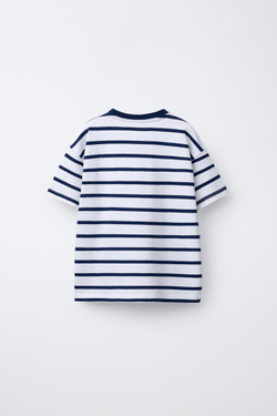 ZARA ФУТБОЛКА HEAVY WEIGHT В ПОЛОСКУ С НАДПИСЬЮ, ТЕМНО-СИНИЙ/ЭКРЮ