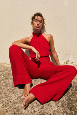 ZARA БРЮКИ ПРЯМОГО КРОЯ ИЗ СМЕСОВОГО ЛЬНА, КРАСНЫЙ