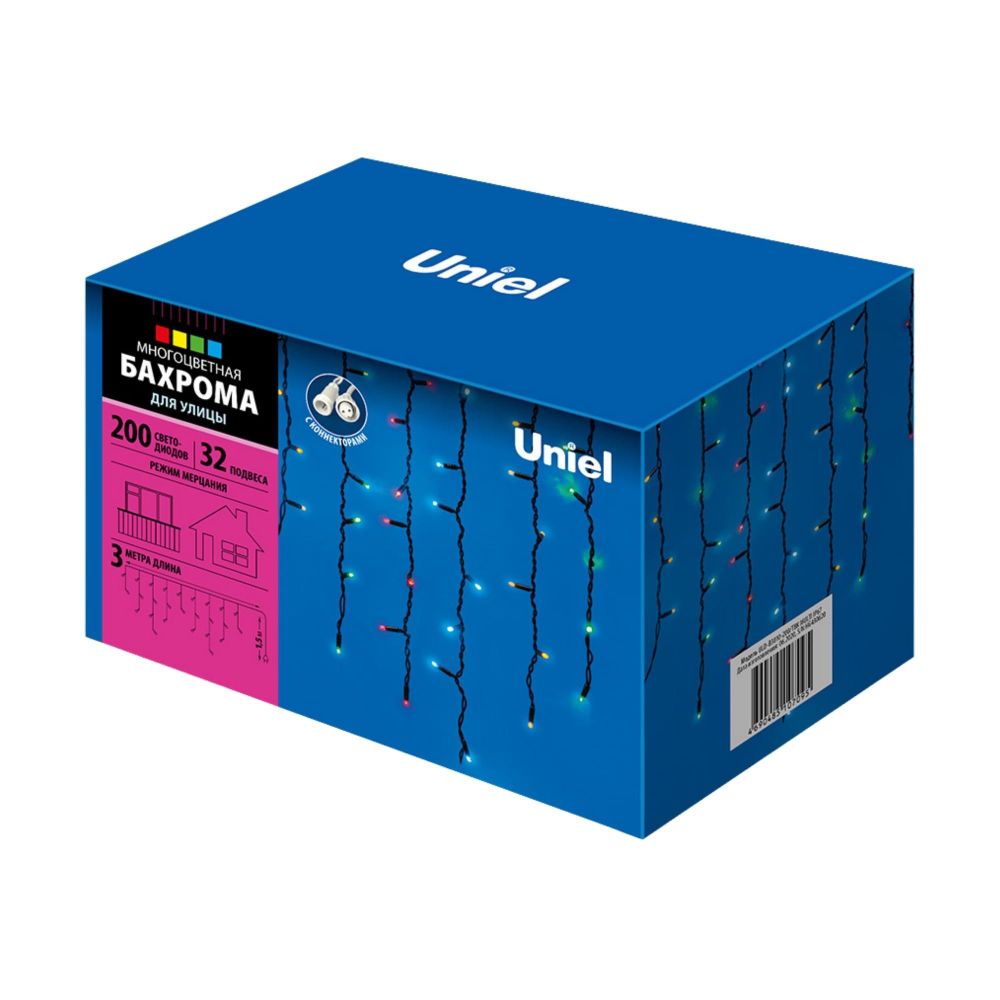 ULD-B3010-200-TBK MULTI IP67 Бахрома светодиодная с эффектом мерцания. 3м. Соединяемая. 200 светодиодов. Разноцветный свет. Провод черный. TM Uniel.