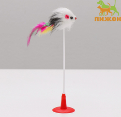 Игрушка для животных "Мышь на присоске" искусственный мех с перьями, 20 см