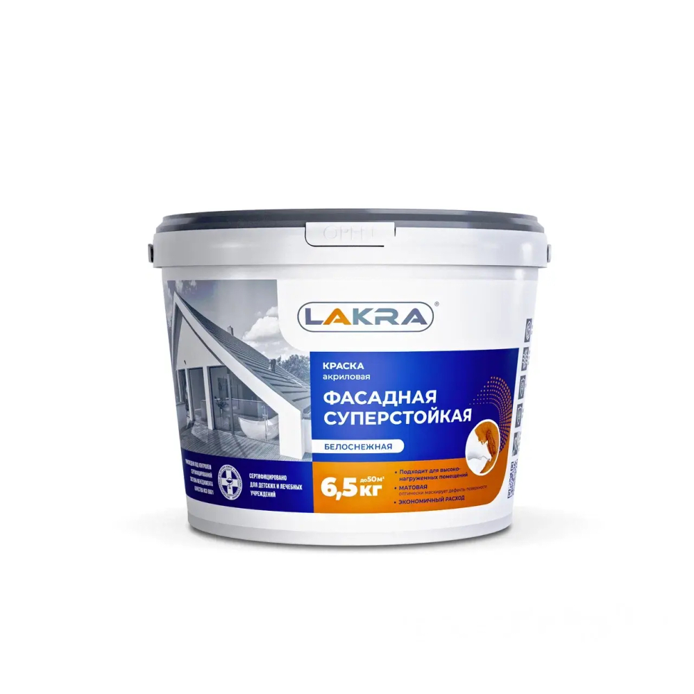 ЛАКРА Краска акриловая фасадная суперстойкая белоснежная 6,5кг (LAKRA)